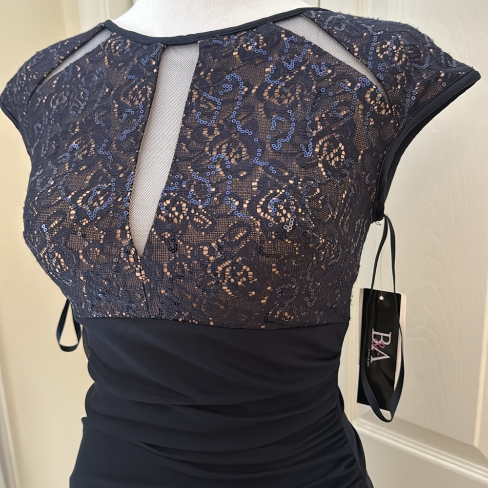 NWT B&A by Betsy & Adam -Navy blue dress with nude underlay - & sequins Size 2